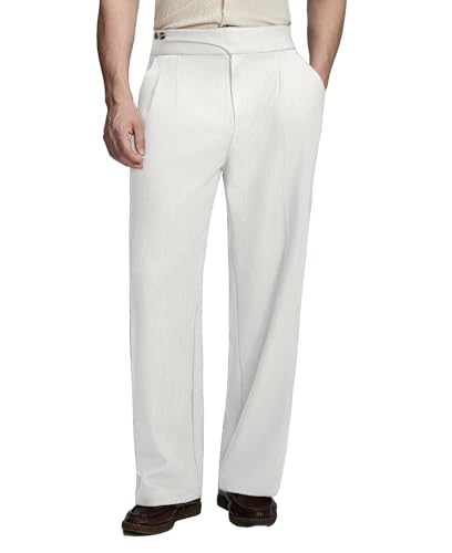 Susclude Baggy Dress Pants Men Pleated Old Money Wide Leg Trousers Casual Slacks Relaxed Fit High Waisted Vintage Pant for Men White