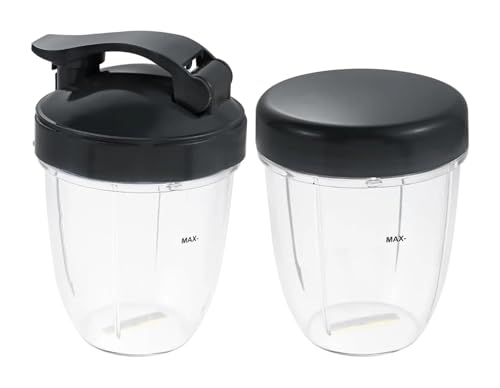 Paquete de 2 vasos for licuadora, compatibles con licuadoras Nutribullet de 532 ml (18 oz), con tapa plana y tapa abatible for llevar. Compatibles con licuadoras Nutribullet de 600 W y 900 W.