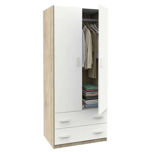 MUEBLES PITARCH Armario Ropero Juvenil Dormitorio 2 Puertas 2 Cajones Roble Cambrian y Blanco Mate 74x180x50 cm