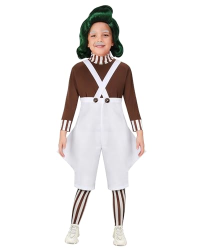 Asuaxy Kids Candy Factory Worker Costume with Green Wig Brown Top White Suspender Shorts Striped Tights Mustache and White Eyebrows for Boys Halloween Book Day and Theme Party Outfit