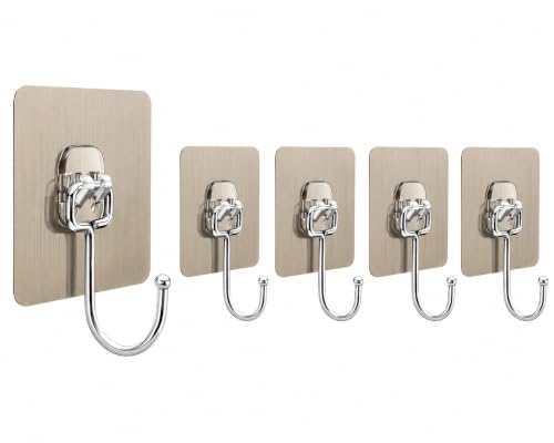 Image of CERLINK Golden Large Adhesive Hooks for Wall Heavy Duty Waterproof Wall Hooks for Hanger Hooks, Stainless Steel Towel and Coats Wall Hook to Use Inside Kitchen, Bathroom, Home and Office Pack 5