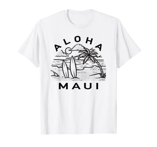 Aloha Maui Hawaii Hawaiian Island Palm Tree Tavola da surf Spiaggia Maglietta