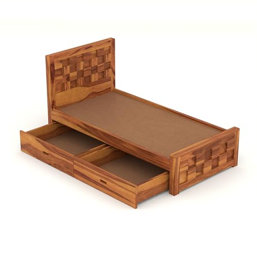 Image of Solid Sheesham Wood Single Size Bed with 2 Drawer Storage Wooden Single Cot Bed for Home Living Room Bedroom Guest Room Hotel (Honey, Size 6 * 3)