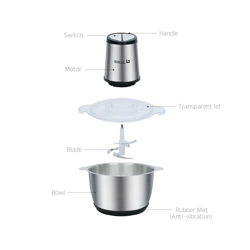 Image of iBELL MT200SPRO 700W Electric Chopper with 2L Stainless Steel Bowl, Multipurpose Food Processor for Meat, Vegetables, Fruits & Nuts, Includes Garlic Peeler & Egg Whisker (Silver)