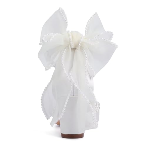 Image of Block Heel Wedding Shoes for Bride Closed Toe Wedding Heels with Bow Pearl Bridal Shoes