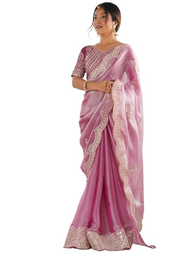 Image of Satrani Women's Tissue Silk Sequin Embroidery Scalloped Border Saree with Unstitched Blouse Piece