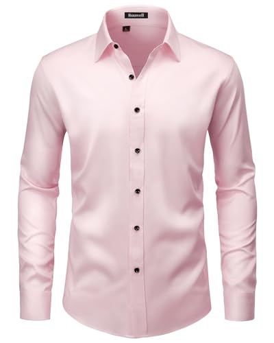 ROUWELL Pink Button Down Shirt Men Stretch Wrinkle Free Long