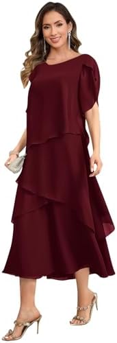 Tea Length Mother of The Bride Dresses for Women Tiered Chiffon F...