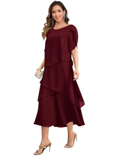 Tea Length Mother of The Bride Dresses for Women Flowy Chiffon Formal Dress for Wedding Guest