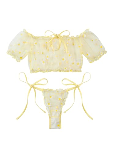 Image of Lilosy Sexy Stretch Ruffle Tie Sheer Mesh Lingerie Set Outfits