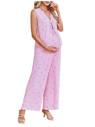 MakeMeChic Women's Maternity Summer 2 Piece Outfits Pregnancy Boho Vacation Striped Bow Top and Pants Set Pink Large