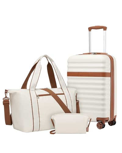 Kono Set de 3 Valises d'une Valise Cabine 55x40x20 Élégante Rigide à Roues Silencieuses et Serrure TSA, Un Sac de Voyage à Poche Imperméable et Sangle pour Valise, et Une Trousse de Toilette (Crème)
