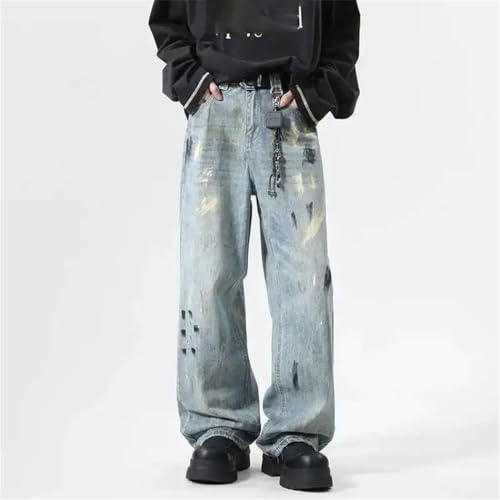 Men’s Niche Splash-Ink Design, Contrast Color, American Style Loose Straight Wide Leg Denim Pants3