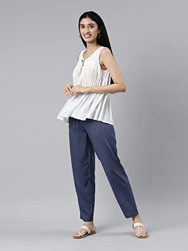 Image of GO COLORS Women Solid Mid Rise Relaxed Fit Viscose Casual Pants