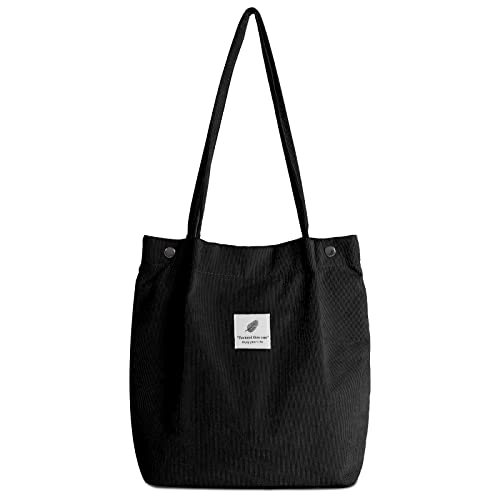 Iophi Cord Tasche Damen Tote Bag, Umhängetasche Mode Handtasche Beutel Lässige Stofftasche für Alltag, Büro, Schulausflug und Einkauf Schwarz