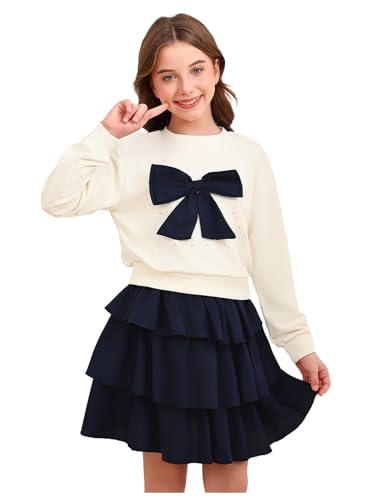 Image of OYOANGLE Girl's Cute 2 Piece Outfits Long Sleeve Bow Sweatshirts and Layered Ruffle Short Skirt Sets