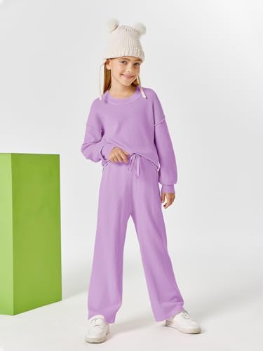 Image of Haloumoning Girls 2 Piece Outfits Kids Long Sleeve Crewneck Sweater Drawstring Wide Leg Long Pants Sweatsuits Sets 5-14T