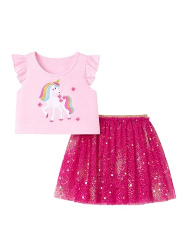 Image of HILEELANG Girls Skirt Set 2 Piece Outfit Cotton Tee Tulle Skirt Set | Soft Cotton Tee, Applique Detail, Layered Tulle Skirt with Lining, Lightweight Comfort for Toddler Little Girls