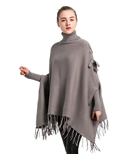 Poncho de mujer con flecos suéteres de manga murciélago dobladillo irregular casual suelto cuello alto capas envolturas de punto Tops, Caqui, Talla Única Cover