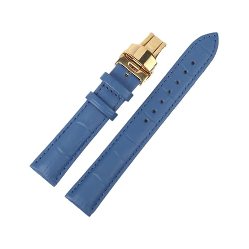 Bracelet montre cuir véritable 22mm bleu avec boucle papillon EDVTK35