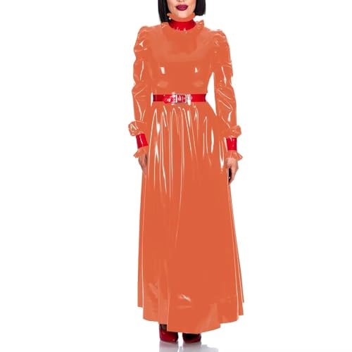 Robe maxi plissée en cuir PVC brillant avec ceinture et manches bouffantes pour soirée