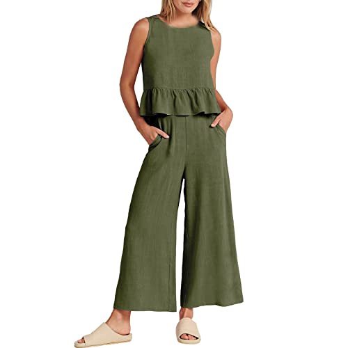 Conjunto genérico Pantalones Mujer Top Sin Mangas Plisado Y Pantalones Ancho 9/10 Tendencia Traje Casual Chic Elegante Look Casual 2026, Vert-A., L