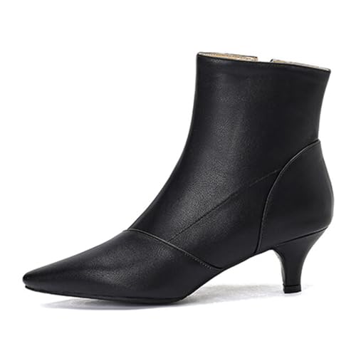 Alyaafifa Kitten Heel Ankle Boots for Women Booties Comfortable Pointed Closed Toe 2 Inch Mid Heel Short Boots with Zipper Leather Dressy Shoes Party Event Office Prom