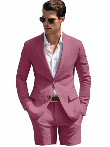 2 Piece Mens' Linen Suit Slim Fit Solid Summer Blazer Pants Sets Tuxedo Jacket Casual Formal Wedding Beach Suit