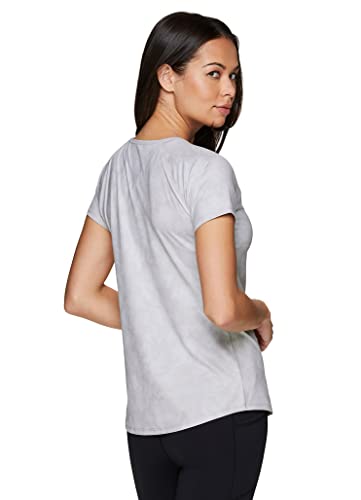 Rbx Active Women's Athletic Fashion Workout Running Tee, Printed Everyday Stretch V-Neck Ultra Soft Short Sleeve T-Shirt Tonal Floral Light Grey M #TOP4