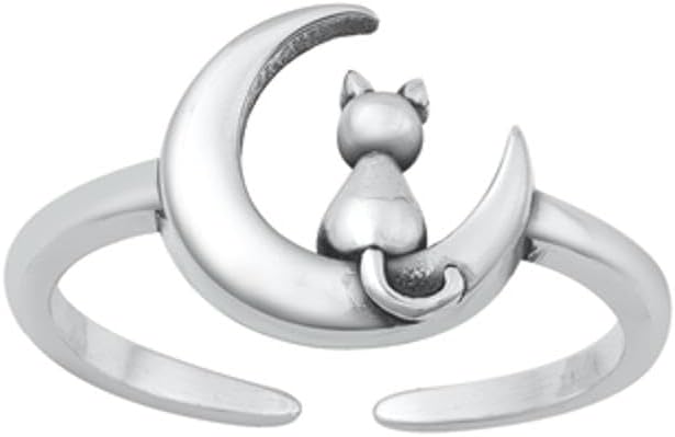 Sterling Silver Fashion Oxidized Cute Cat On Moon Toe Midi Ring .925 New Band