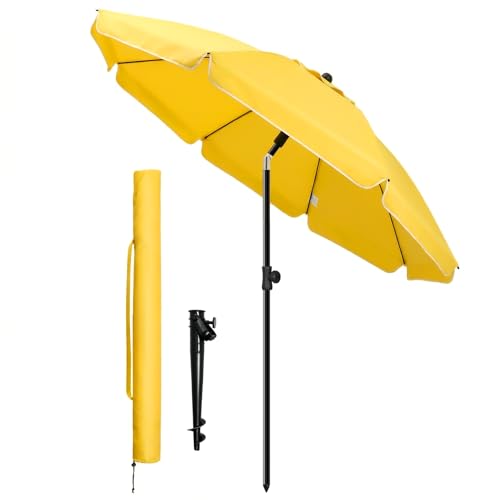 VOUNOT® 2m Tilting Garden Parasol with Ground Anchor, Beach Umbrella with Carry Bag, UV 50+, Adjustable Outdoor Parasol for Patio, Deck & Table, Yellow