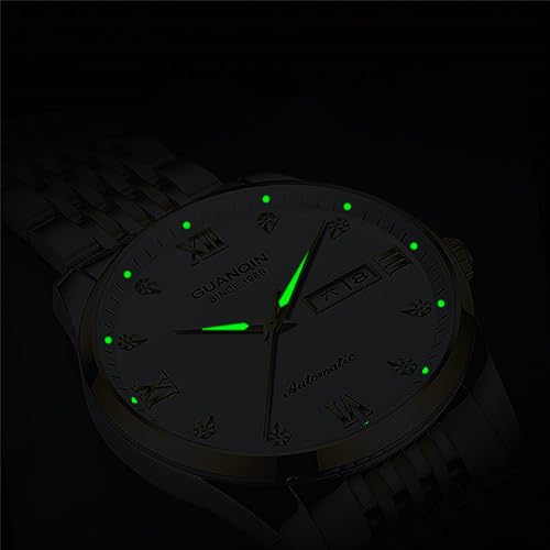 Guanqin Reloj de pulsera para hombre, estilo vintage, con calendario, luminoso, automático, automático, mecánico, cristal de zafiro, resistente al agua, elegante, de acero inoxidable, con diamantes de - Imagen 7