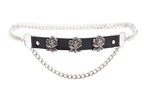Women Silver Metal Chain Fashion Belt Flower Rose Charms Black Strap Size M L XL