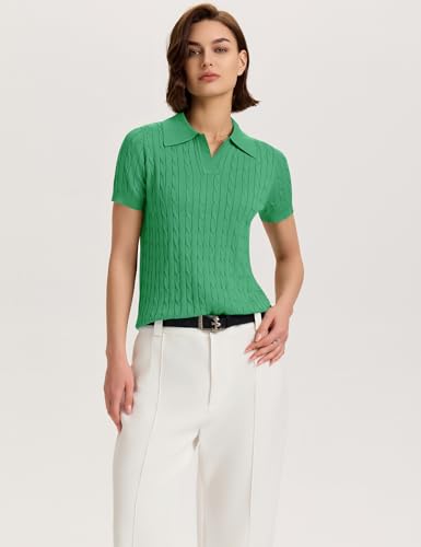 Image of Micoson Womens Short Sleeve Sweater Tops Lapel V Neck Polo Shirts 2026 Summer Cable Knit Loose Blouse Business Casual Outfits
