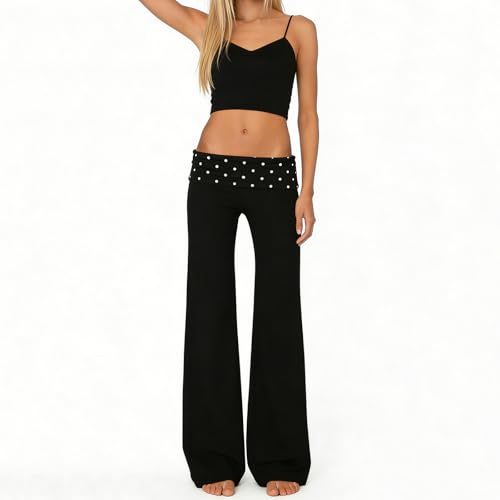 Image of Lounge Yoga Pants for Women Fold Over Low Waist Wide Leg Bell Bottoms | Y2K Foldover Pants, Flare Leggings, Low Rise Yoga Sweatpants