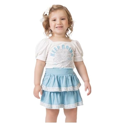 Conjunto menina blusa e shorts saia com babado fresquinho- Azul e Rosa - Menina 1 a 10 anos