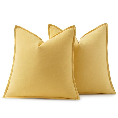 Image of MIULEE Decorative Linen Pillow Covers 18x18 Inch Yellow Boho Farmhouse Neutral Couch Throw Pillows for Bed Pack of 2 Accent Modern Pillowcase Summer Sofa Livingroom Home Decor