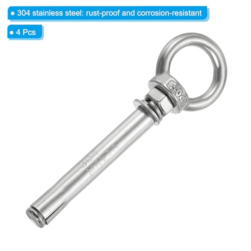 Image of PATIKIL Expansion Eye Bolt M6x70mm, 4 Pack 304 Stainless Steel Shoulder Anchors Eyebolt Screw with Eye Ring for Concrete Brick Walls Canopy Engineering Rigging Silver