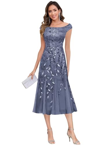 Formal Mother of The Bride Dresses for Women Lace Applique Tea Length Off Shoulder Wedding Guest Dress4