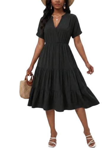 Image of PerZeal Women's Casual Tiered Midi Dress with Pockets - V Neck Short Sleeve Elastic Waist Ruffle Summer Dress for Daily Wear