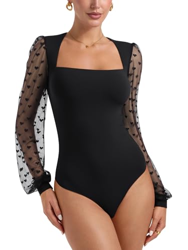 Image of PINKMSTYLE Women's Square Neck Double Lined Mesh Long Sleeve Bodysuits | Sheer Puff Sleeve Body Suit,Slim fit Trendy Going Out Tops,Concert Outfit