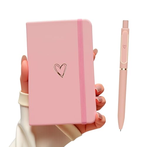 LRANKAI A6 Lined Journal Notebook with Pen for Girls Women 192 Pages Hardcover Leather Notebook for Writing Cute A6 Diary with Heart-Shaped Notepad for Work School Note Taking Business (Pink)