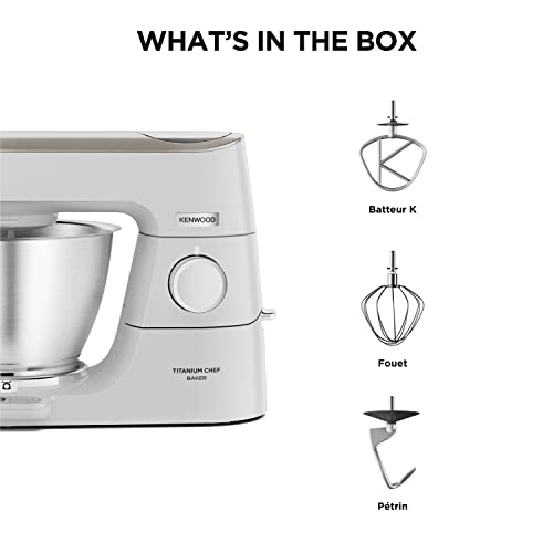 Kenwood Titanium Chef Baker KVC65.001WH, Robot Patissier Avec Balance Intégrée, Incl. Ensemble Pâtisserie 3 Pièces, Spatule & Protection Éclaboussures, 1200W, Blanc