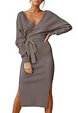 Cutiefox Womens Bodycon Sweater Dress Batwing Long Sleeve V Neck Backless Tie Waist Wrap Knit Sweater Dresses Khaki L