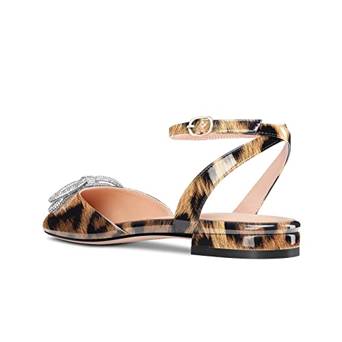 Oisegop Women Chunky Block Low Heel Pointed Toe Pumps Ankle Strap Rhinestone Crystal Casual Dress Flats Shoes Brown Leopard 8.5 M Us #TOP3