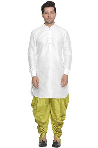 Image of Vastramay Men's Gold Curved Shape Pathani Style Silk Cotton Kurta - Mid-Length with Buttoned Cuff, Soft & Comfortable Ethnic Wear