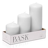 Cone Top Pillar Candles by Bask - Set of 3-3" x 4", 6", and 8" Dripless Unscented Candles in White f