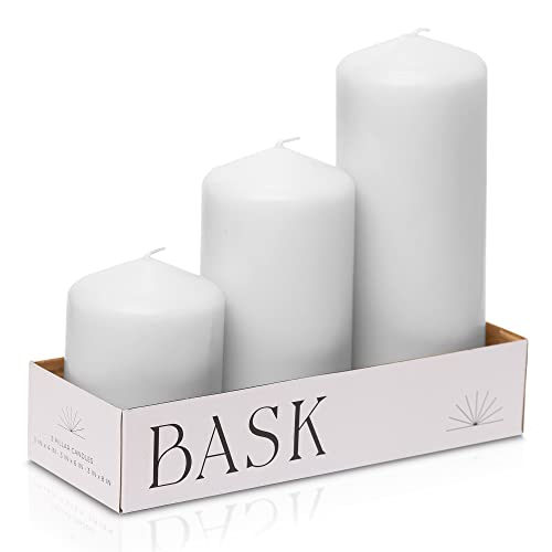 Bask Cone Top Pillar Candles - Elegant White Candles - Set of 3 W...