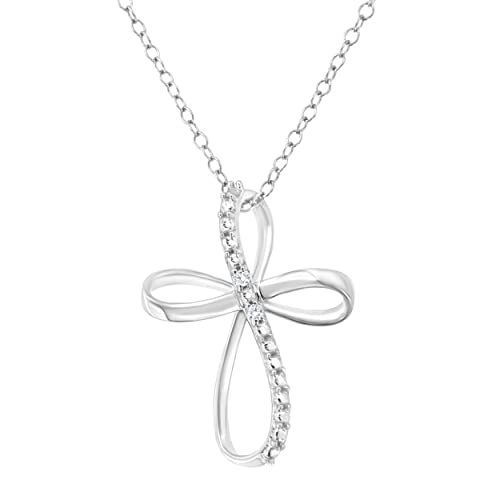 Haus of Brilliance 10K White Gold Plated .925 Sterling Silver Diamond Cross Ribbon 18" Pendant Necklace (I-J Color, I2-I3 Clarity)