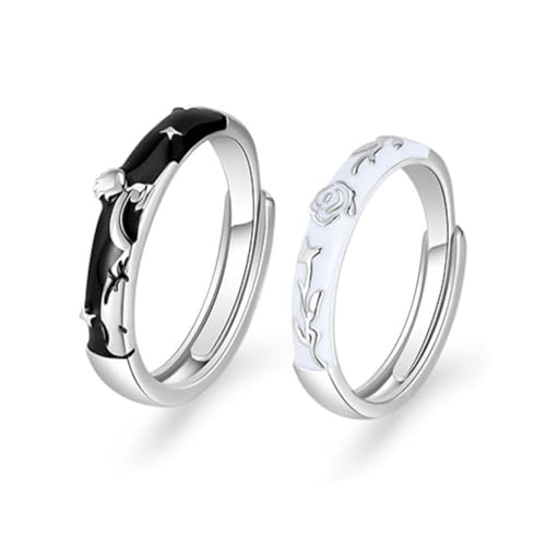 yuruyi Matching Couple for Rings - Romantic Heart Design | Adjustable Hypoallergenic Wedding Bands Engagement Ring Sets for Him and Her Valentine's Day Gifts (Black Silver Flower)